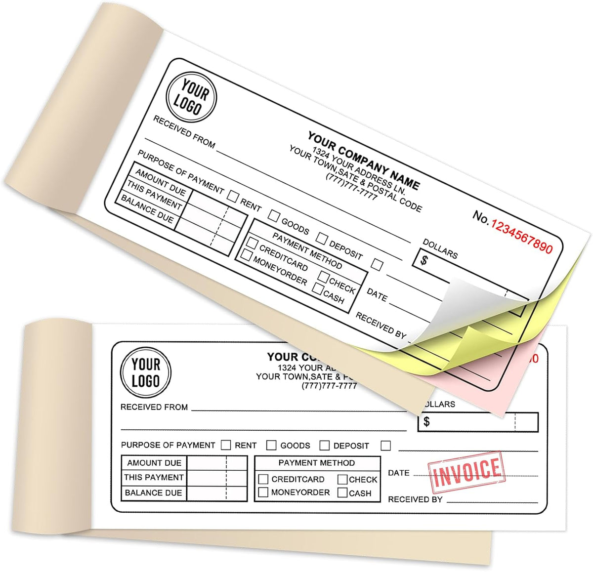Custom Sales Invoice Personalized Carbonless NCR Forms with Company Name/Logo Personalized Invoice, Receipt Book, Work Sales Purchase Orders, Estimates, Quote Forms 7" x 2.83" - 3 Part(150 Sets)