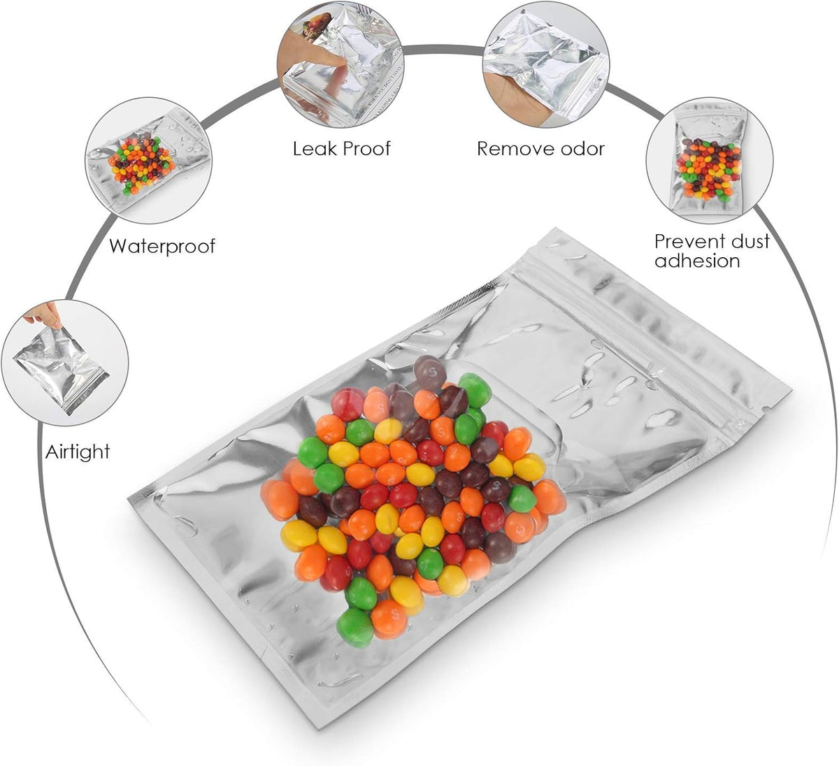 Resealable Mylar Bags | 100 Pcs 3.3 X 5.5 Inch | Smell Proof Bag Heat Seal Cute Packaging Foil Food Sealable Small Front Clear Plastic Silver for Storage Candy Beef Jerky Jewerly Product