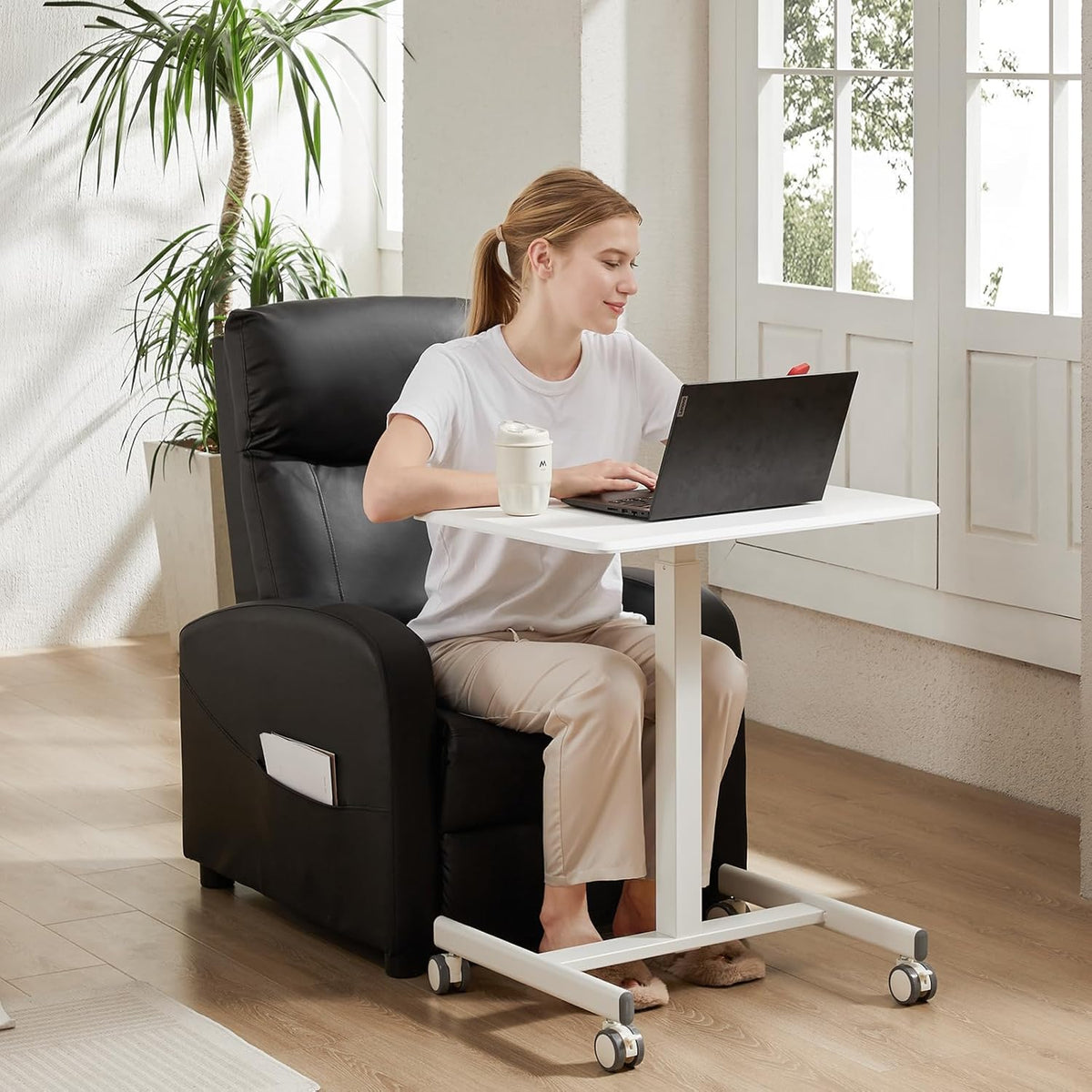 Sweetcrispy Small Mobile Standing Desk, Rolling Laptop Computer Carts, Portable Laptop Desk with Wheels, Adjustable Height Table for Home Office, White