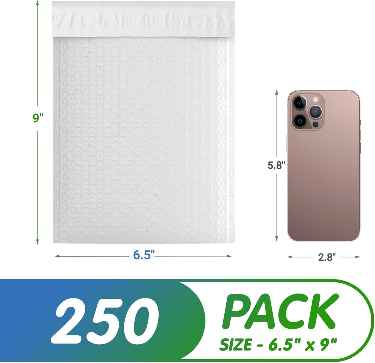White Poly Bubble Mailers Self Seal, 6.5 x 9 Inch. Pack of 250 Bubble Packaging Envelopes for Shipping. Durable Padded Envelopes Waterproof. Self Seal Padded Mailers. Shipping Packages
