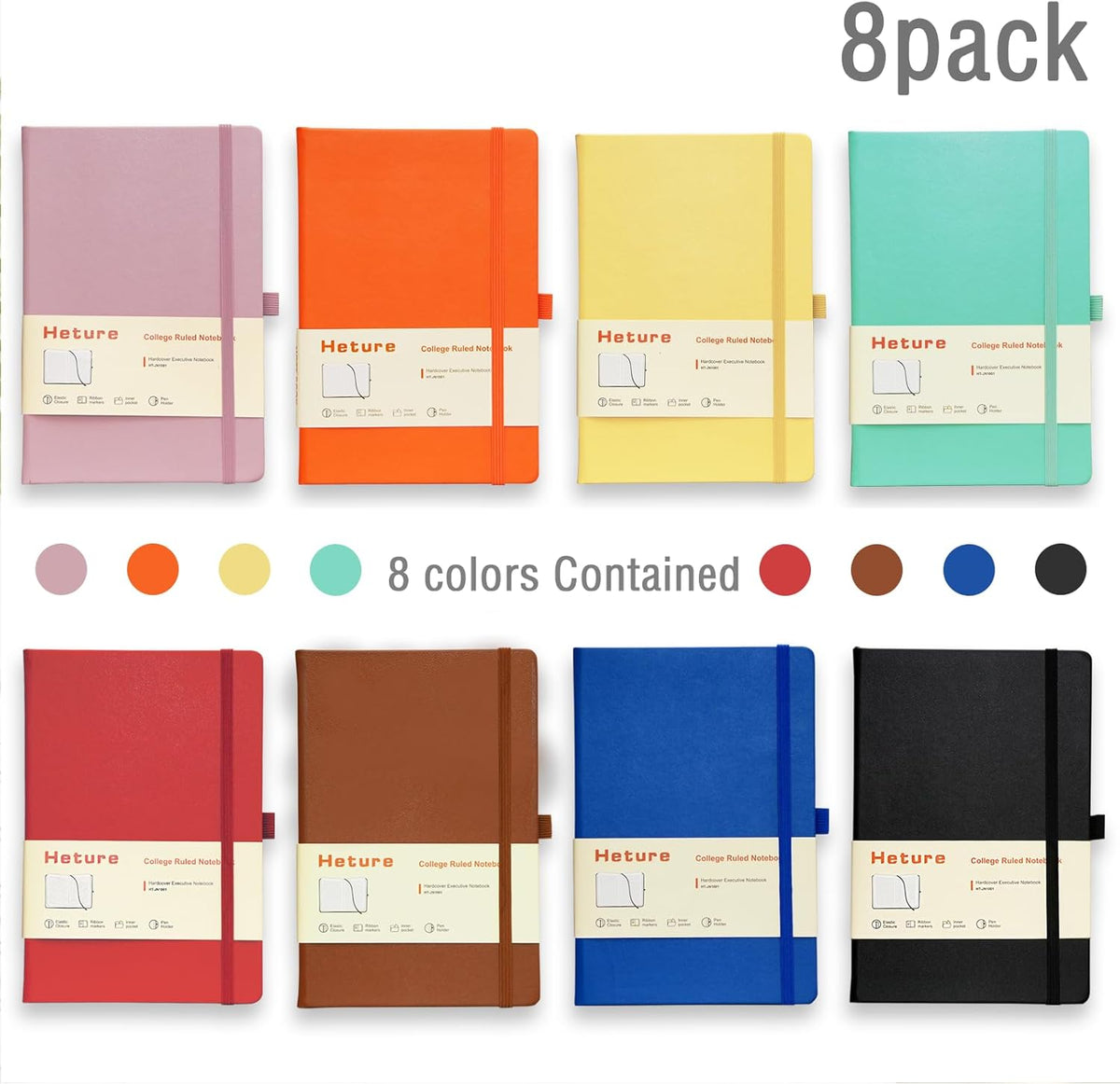 8 Pack Lined Journal Notebooks, A5 Hardcover Notebooks, 5.5 x 8.3 inch, 100GSM,160 Pages, Classic College Ruled Notebooks for Writing/Work/Travel/College (Assorted Color)
