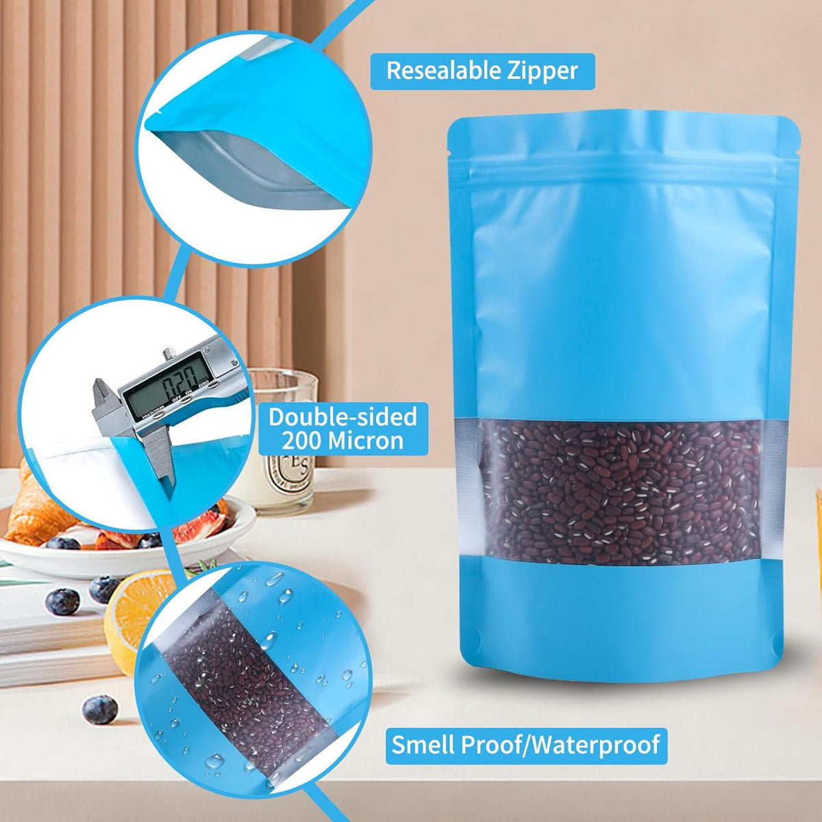 100 Pack Smell Proof Bags, Resealable Blue Mylar Bags with Matte Window, Foil Pouch Stand Up Sealable Bags for Packaging, 7.08×10.23 Inch