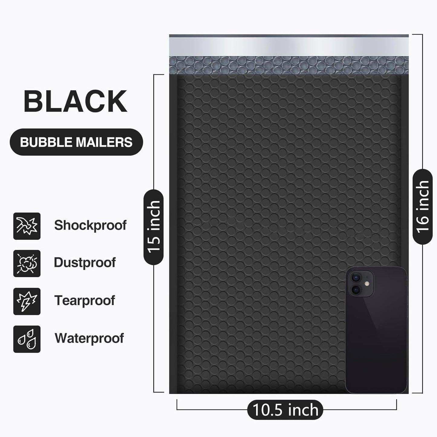 UCGOU Bubble Mailers 10.5x16 Inch 40 Pack Usable Size 10.5x15 Inch Large Padded Envelopes Black Waterproof Packaging Bags for Shipping Self Seal Strong Adhesion Envelopes for Jewelry Makeup Supplies