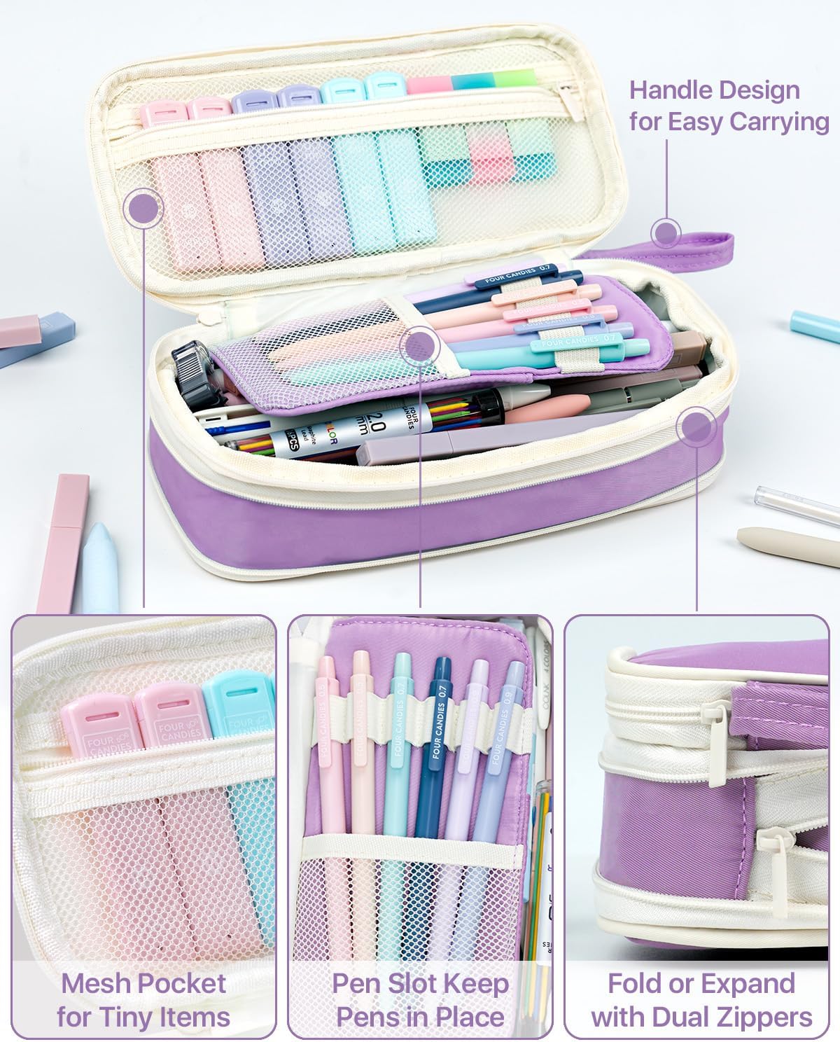 Four Candies 56 PCS Aesthetic School Supplies with Pencil Case, 6 Multicolor Pen, 12 Pastel Highlighters, 5 Gel Pens Black Ink, 9 Mechanical Pencils for Student Stationary Set Preppy Stuff (Purple)