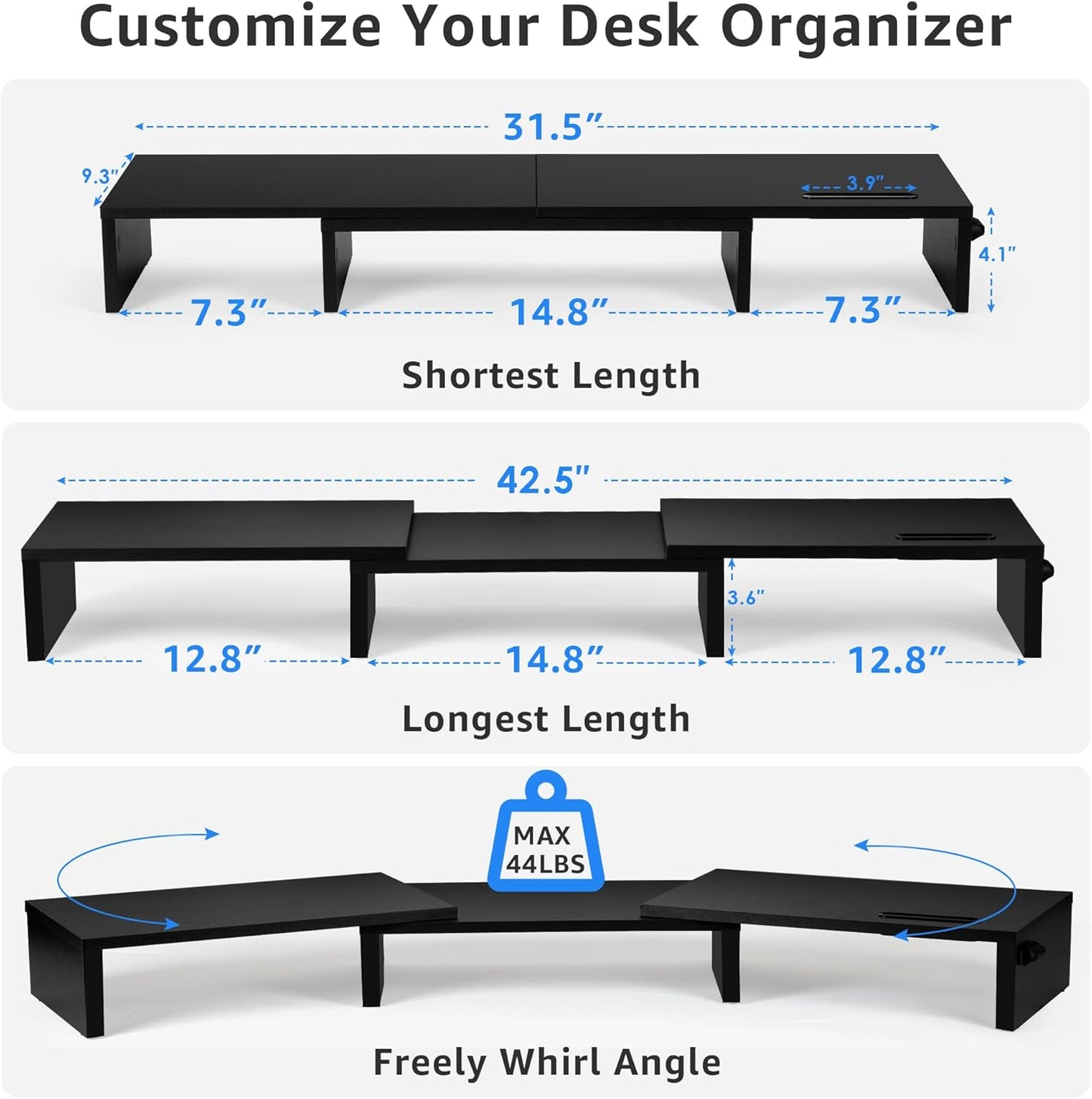Dual Monitor Stand Riser for 2 Monitors, Monitor Stand for Desk, Adjustable Length & Swivel Angle Wooden Desktop Organizer Stand Riser with Smartphone Holder for PC Monitor Laptop, Black