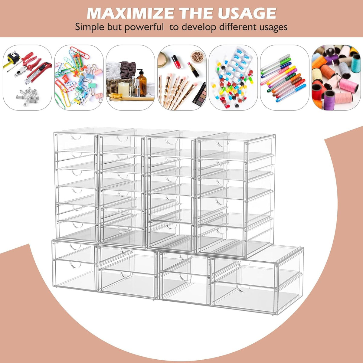 Desk Organizers And Accessories With 22 Drawers, 4 Pack Office Desktop Drawers, Plastic Makeup Organizer Containers Bins With Drawers Desk Organization, Bathroom Organizers Storage Case Box Cube