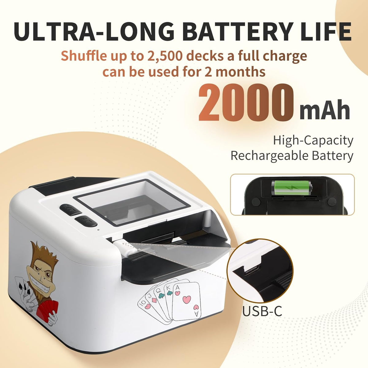 Rechargeable Automatic Card Shuffler 2 Decks, 2000 mAh Built in Battery USB-C Charge, Low Noise Fast Shuffler, Smart Auto Shuffler for UNO Poker Skip-Bo Canasta Texas Hold'em Skyjo