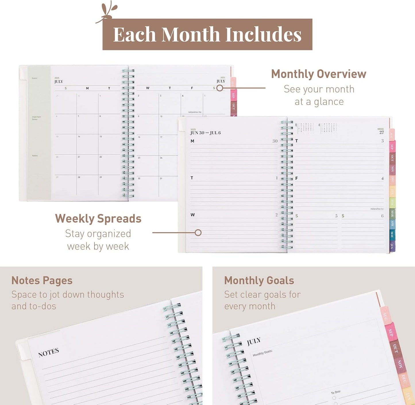 Rileys Academic Planner 2025-2026, Daily, Weekly & Monthly Planner, July 2025 - June 2026, Student Notes Pages, Twin-Wire Binding, Weekly Agenda for School & Work (8 x 6-Inches, Green, Typographic)