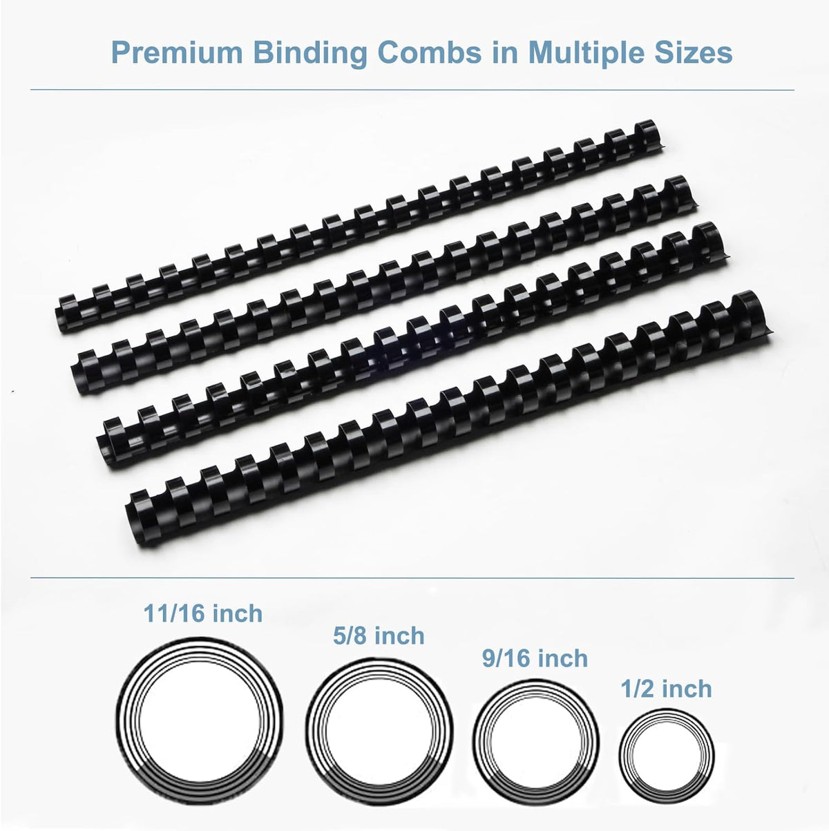 Rayson CR12141618BK Plastic Binding Combs 1/2in. 9/16in, 5/8in, 11/16in, 19-Ring Letter Size, Black Comb Binding Spines, Multi-Size Pack of 80