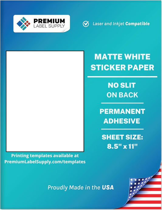 Premium Label Supply White Sticker Paper – No Back Slit - 8.5" x 11" – Laser/Inkjet Compatible – 1 per Sheet - 500 Sheets