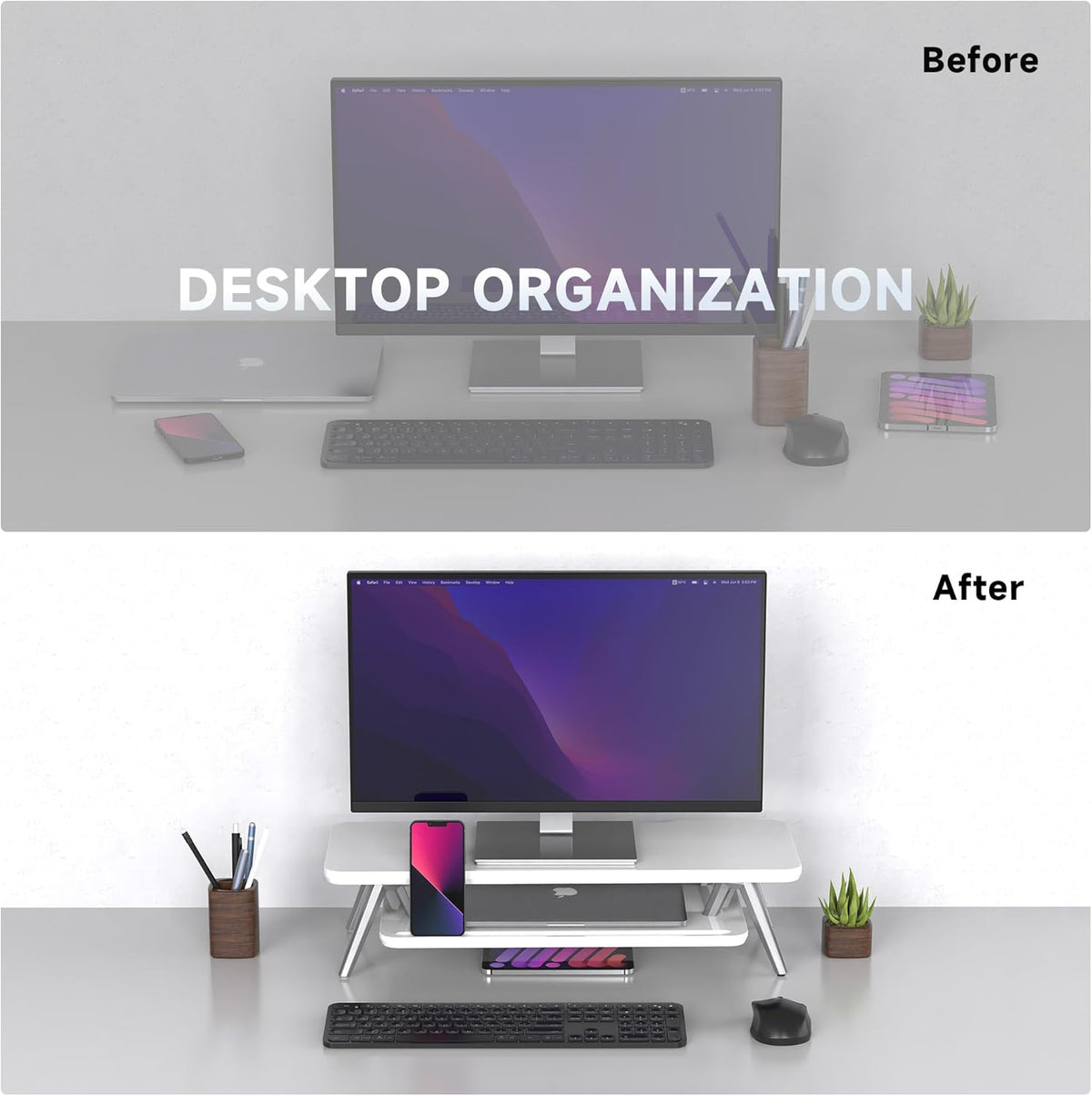 Fenge Monitor Stand, Monitor Stands Riser for Desk, 23.6 Inch Wood Desk Shelf with Storage Organizer and Cable Management for Office Desk Accessories