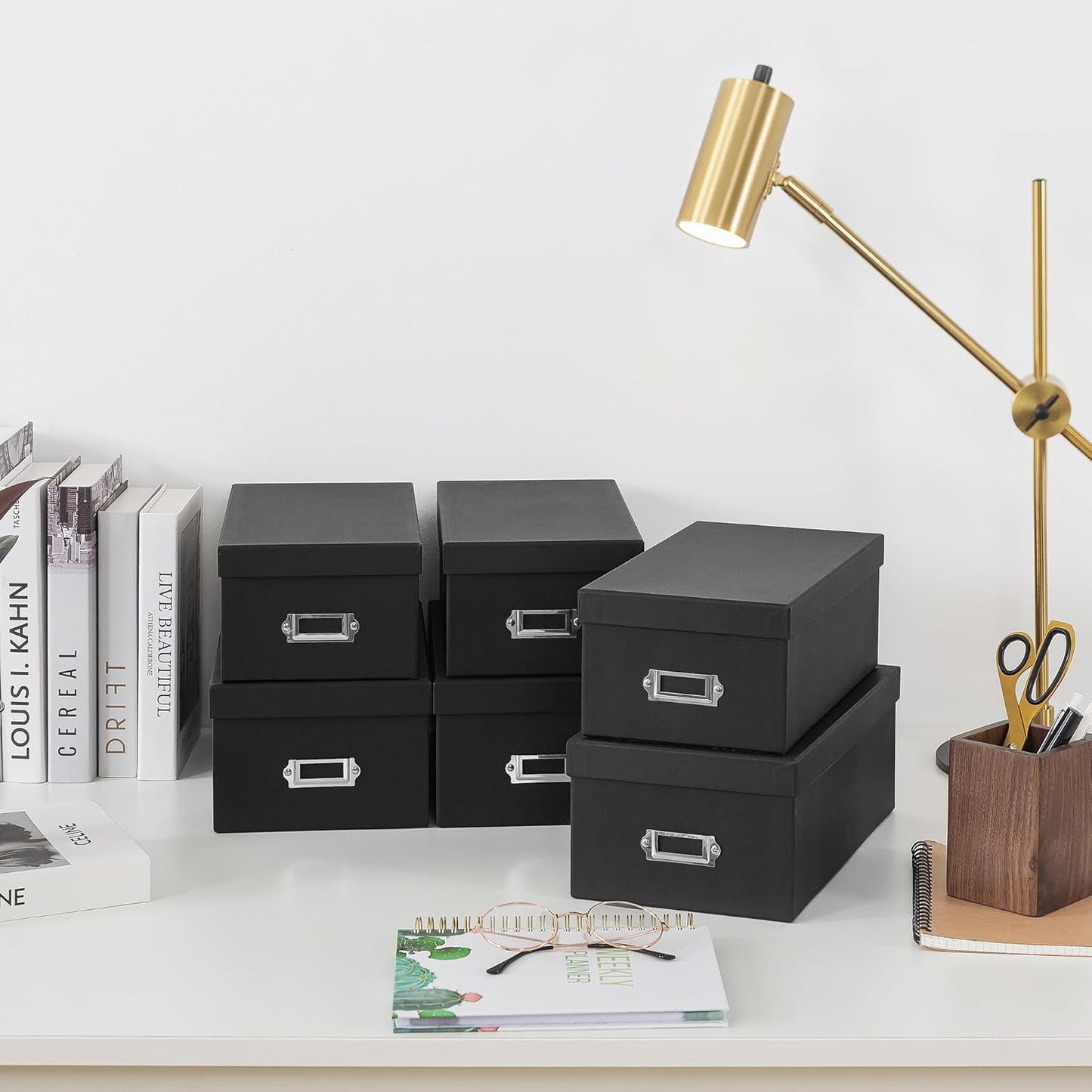 Soul & Lane Black Storage Boxes - Set of 6 (3 Large, 3 Medium), Keepsake Memory Storage Boxes with Lids, Cardboard Organizers with Label Holders for Photos, Crafts, Collectibles