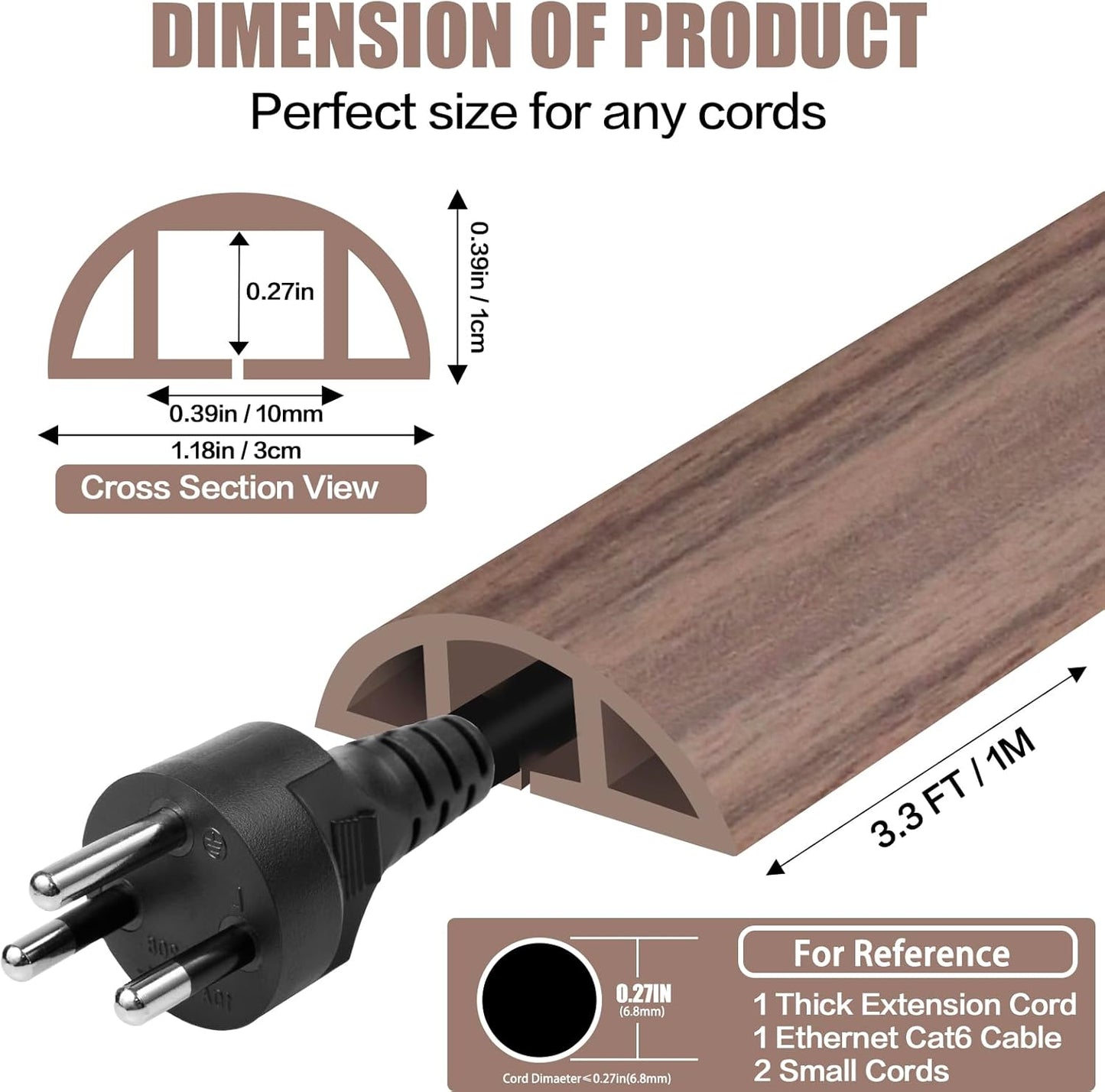 Floor Cord Cover Self Adhesive Cord Hider,3.3FT Cable Management, Extension Strip Protector for Wires, Prevent Cable Trips for Offices, Gyms, Exhibitions Cavity:0.39"(W) x 0.27"(H) Wood Walnut