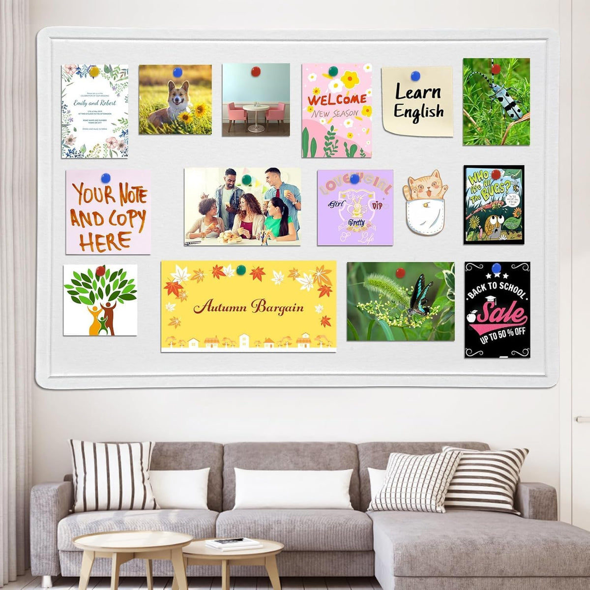 Large Bulletin Board, 48 X 36 inches Felt Board Notice Pin Board,4' x 3' Cork Board Alternative for Wall, Self-Adhesive Vision Board Mood Board Foldable Photo Board with 30 Pushpin-Warm White