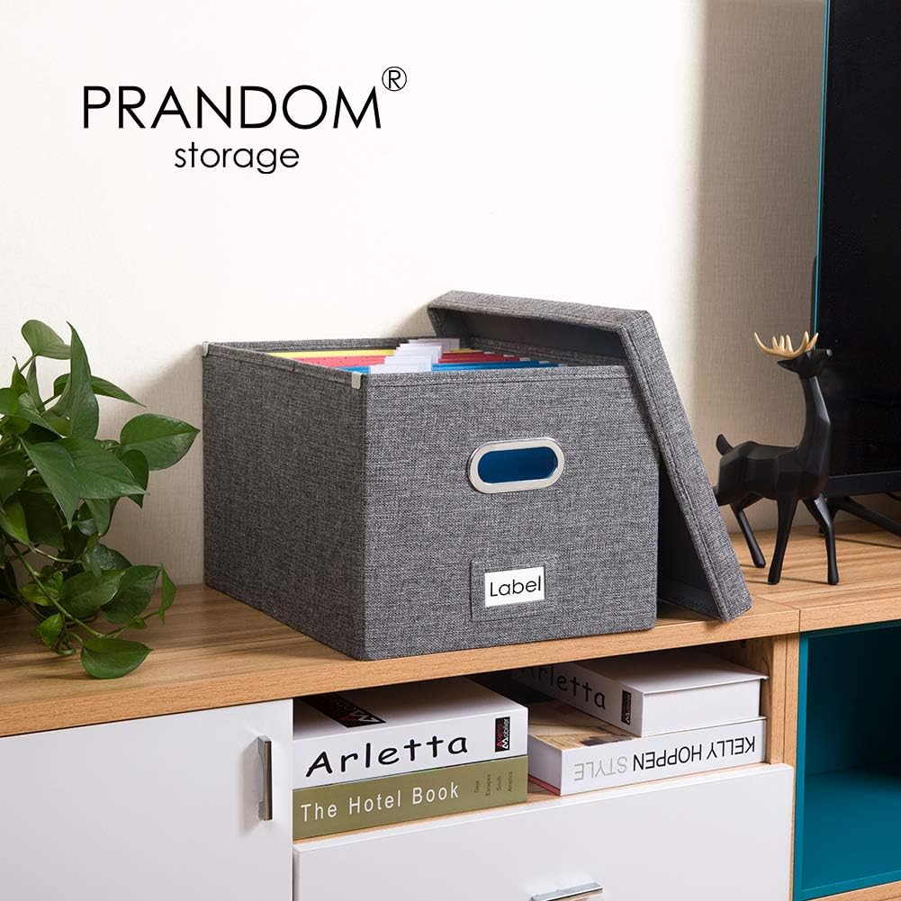 PRANDOM File Organizer Box - Set of 1 Collapsible Decorative Linen Filing Storage Hanging File Folders with Lids Office Cabinet Letter/Legal Size Grey (17x14x11.2 inch)
