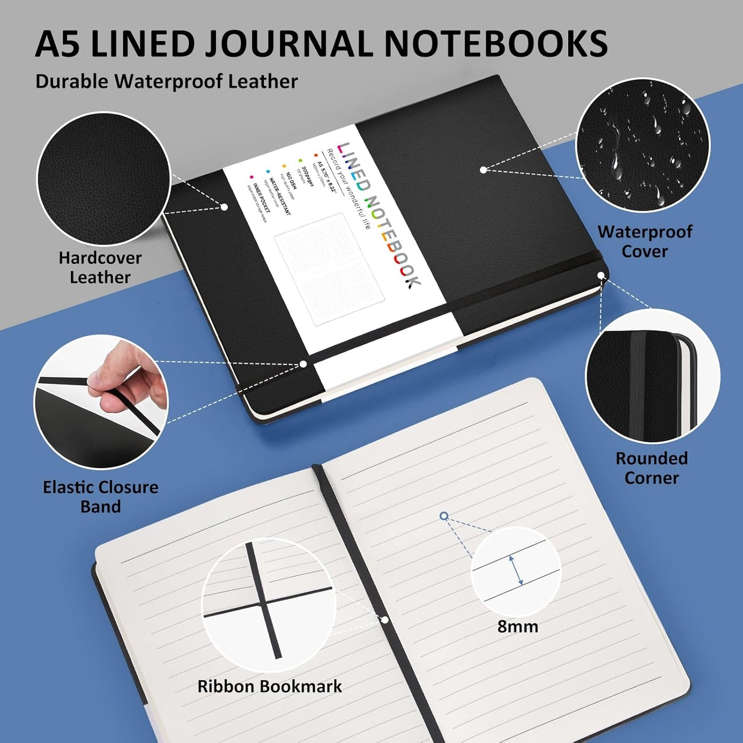6 Pack Black Lined Hardcover Journal Notebook with 200 Pages, 8×5.7in, A5 journal Notebook, Journaling Notebooks for Work, School, Office,Women, Men, College Ruled Notebook, Hardcover Leather Journals