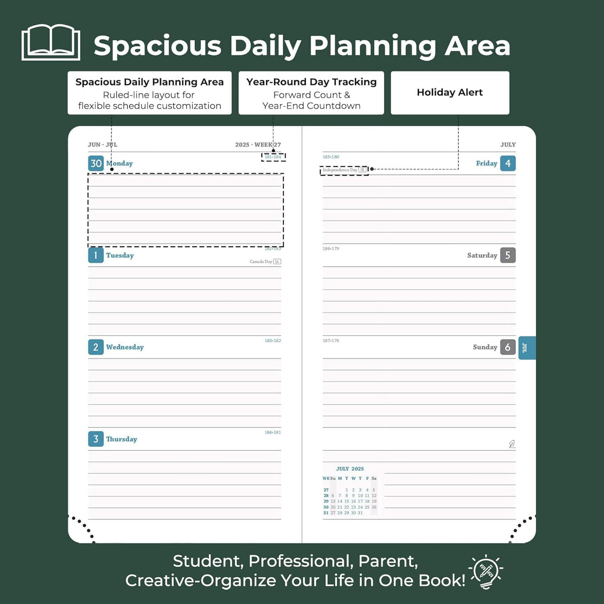 Planner 2025-2026 Daily Weekly and Monthly,6.5"x3.75",18 Months Spiral Bound Calendar Agenda with Self-adhesive Pen Holder,2026 Academic Plan with Vegan Leather Soft Cover,Green