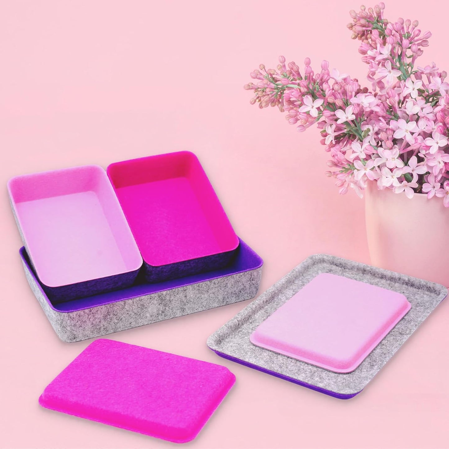 Welaxy Lidded Felt Drawer Organizer Trays with lids Desktop Organizer Bins Storage box for crafts office supplies pen Junk Makeup Stationery Organize 3-Pack ( light pink + hot pink + purple)