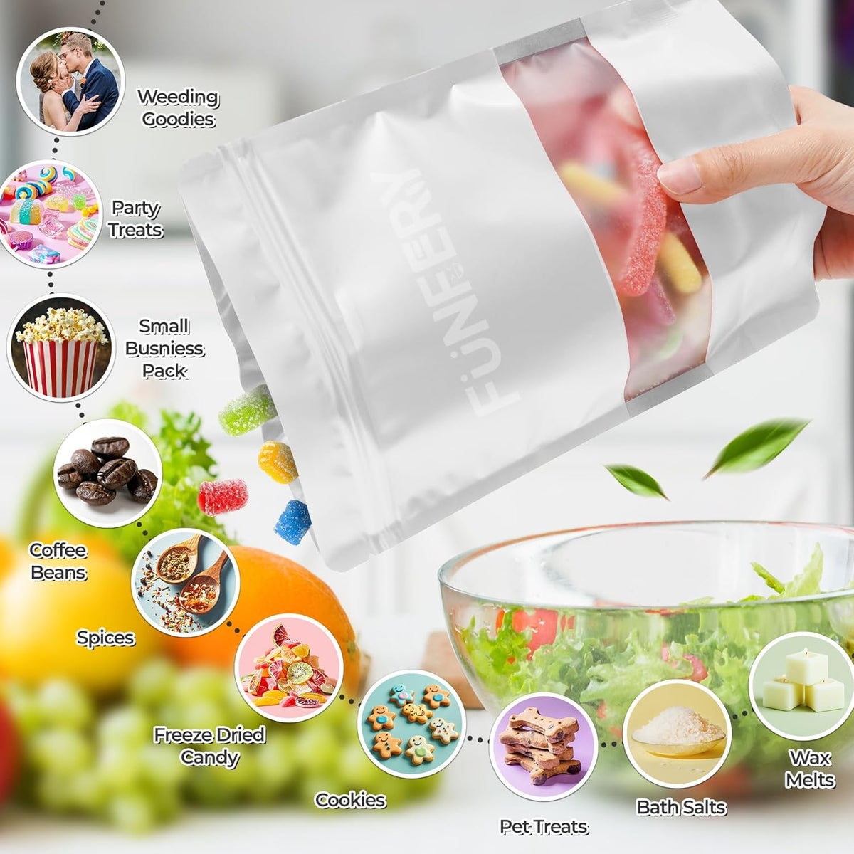 Funfery 100 Pcs Smell Proof Packaging Bags,Mylar Clear Bags for Food Storage,Sealable Bag for Packaging,Stand Up Pouches with Window,ReSealable Bag for Small Business,Cookies,Candy(White,4x6in)