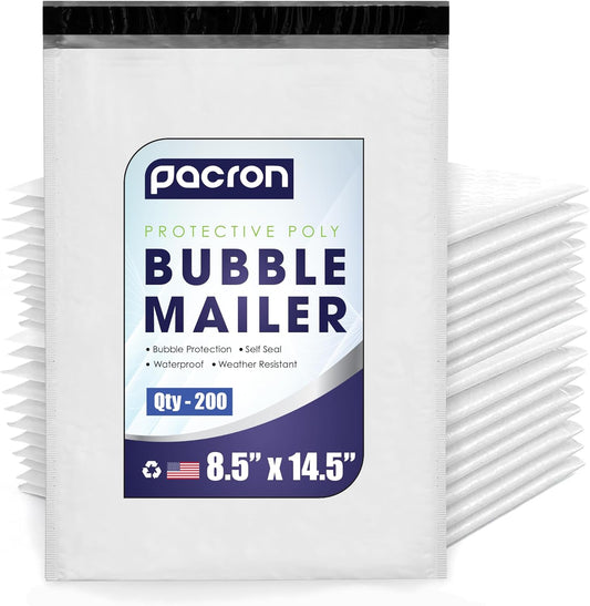200-Pack Waterproof Poly Bubble Mailers 8.5 x 14.5 - Thick, Durable, Instant Seal Envelopes with Strong Adhesive - Protective Shipping Mailers for Jewelry, Cosmetics, SD Cards, USB Cables