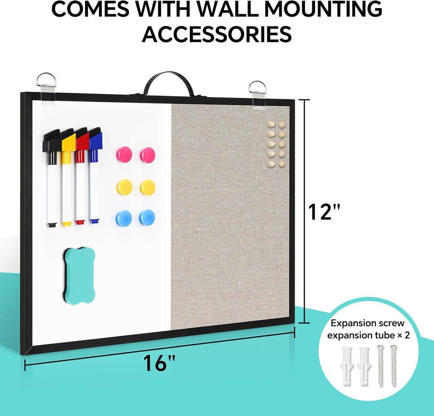 White Board Linen Bulletin Board Combo, 16"x12", Double-Sided Magnetic Dry Erase Cork Board for Walls, Aluminum Frame Small Pin Board with Handles for Home, Office, School, Gray Felt