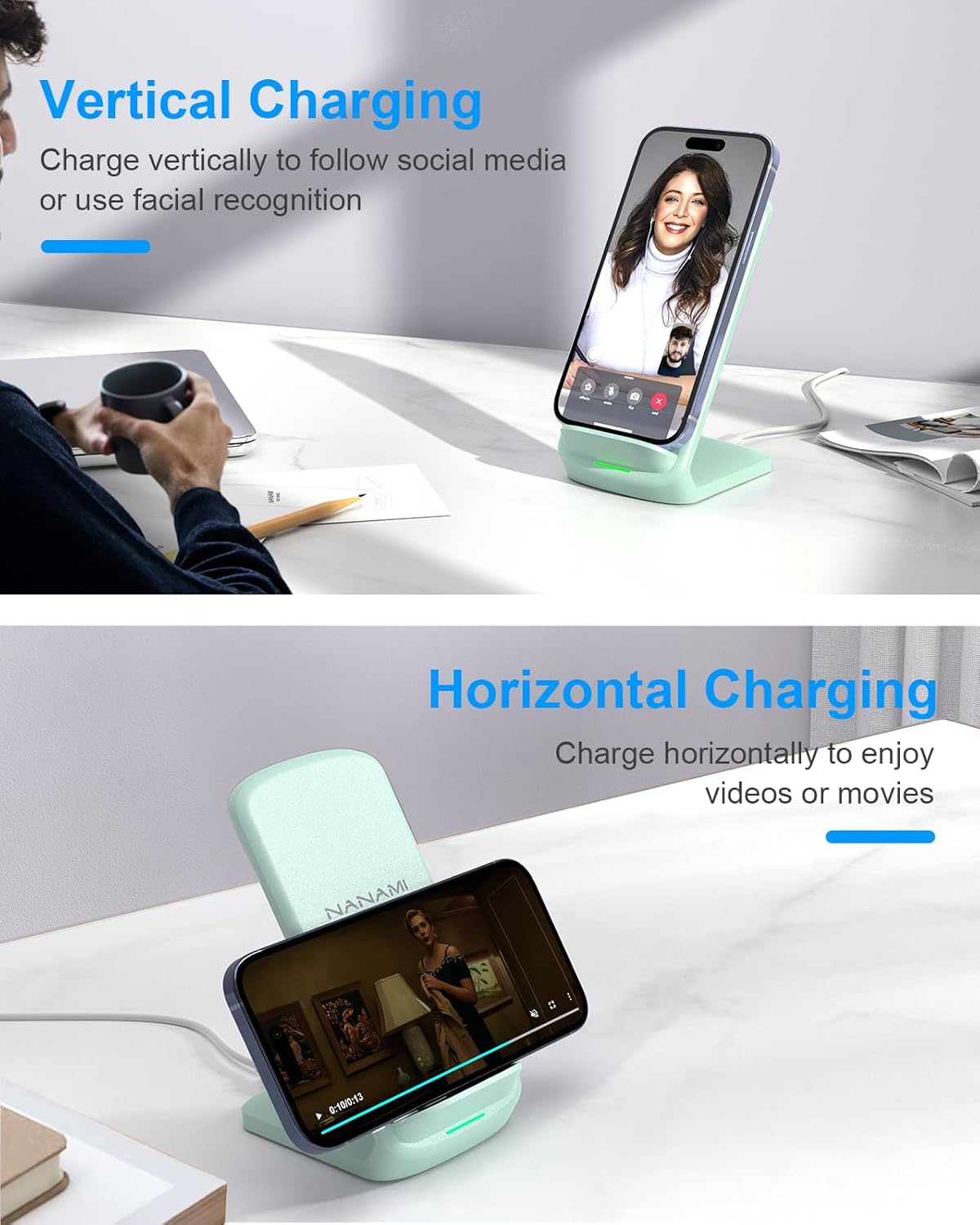 NANAMI Upgraded Fast Wireless Charger,Qi-Certified Wireless Charging Stand for Samsung Galaxy S24/S23/S22/S21/S20/S10/S9/Note 20 & Qi Phone Charger for iPhone 16/16 Plus/16 Pro/16 Pro Max/15/14/13/12