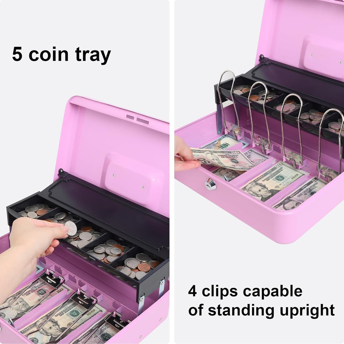 Jssmst Locking Metal Cash Box with Coin Lid, 11.8L x 9.5W x 3.5H Inches, Safe Money Box with Key Lock, Light Purple, SM-CB0517LP