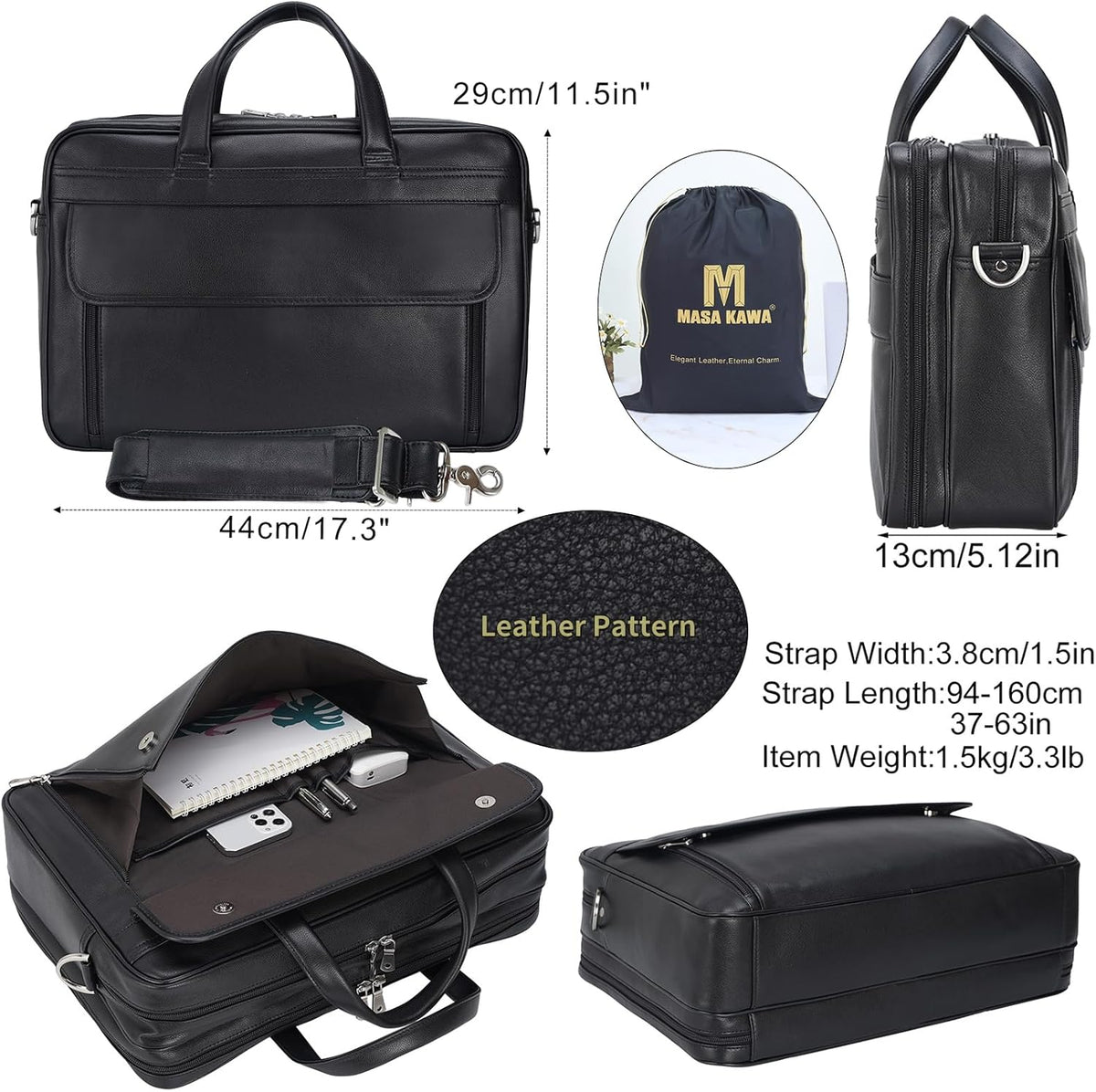Masa Kawa Leather Briefcase for Men 15.6" - 17" Laptop Computer Case Business Travel Work Messenger Cross Body Shoulder Bag