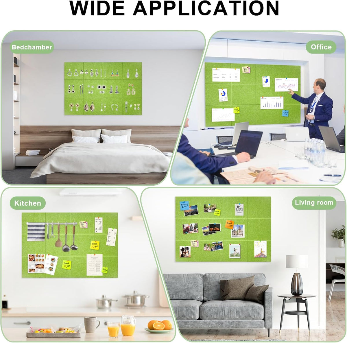 Large Cork Board for Wall 12 Pack, Bulletin Board 48" X 36", Felt Board Wall Tiles with 72 Damage-Free Removable Pads & Push Pins, Alternative Pin Board Cork Board for Office Home, Green