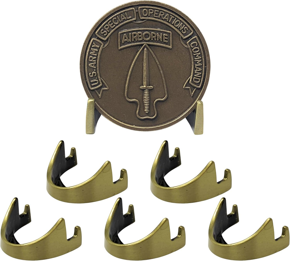 Military Challenge Coin Display Stand - Solid Metal with Anodized Finish - US Vet. Business (Antique Brass Five-Pack)