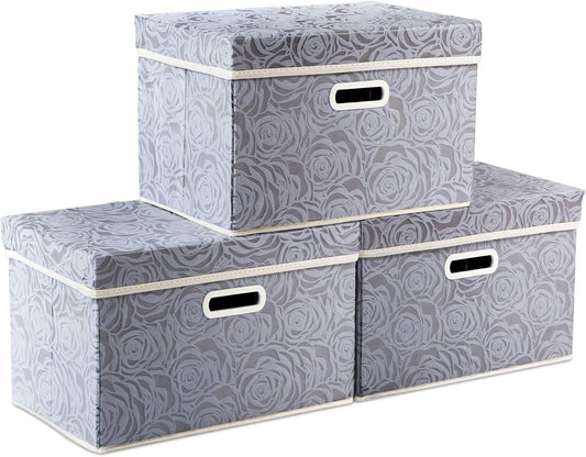 PRANDOM Collapsible Storage Boxes with Lids Fabric Decorative Storage Bins Cubes Organizer Containers Baskets with Cover Handles Divider for Bedroom Closet Living Room 14.9x9.8x9.8 Inch 3 Pack