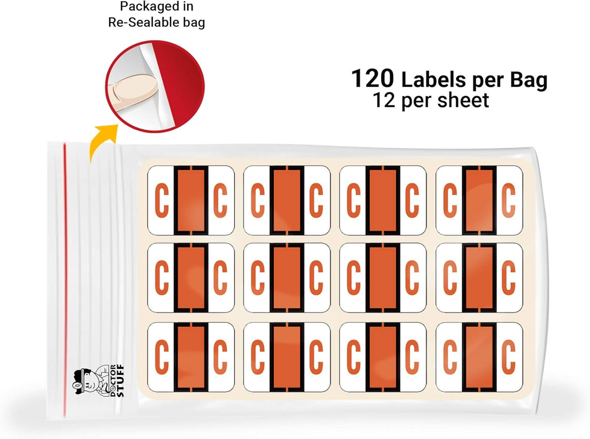 Doctor Stuff - File Folder Labels, Alphabet Letter C Stickers, Compatible with Smead BCCR/BCCS - TPAM Series Alpha Stickers Orange, 1" x 1-1/4", 120 Labels per Package