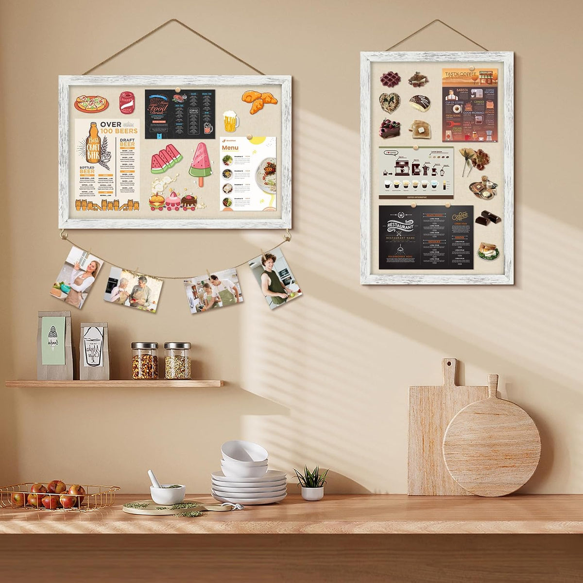 Egofine Cork Board Bulletin Board with Linen, 16x11 Wood Frame Pin Board, 2 Pack Cork Boards for Walls, Vision Board Hanging horizontal or Vertically for Office Home Decor School Kitchen, Rustic White