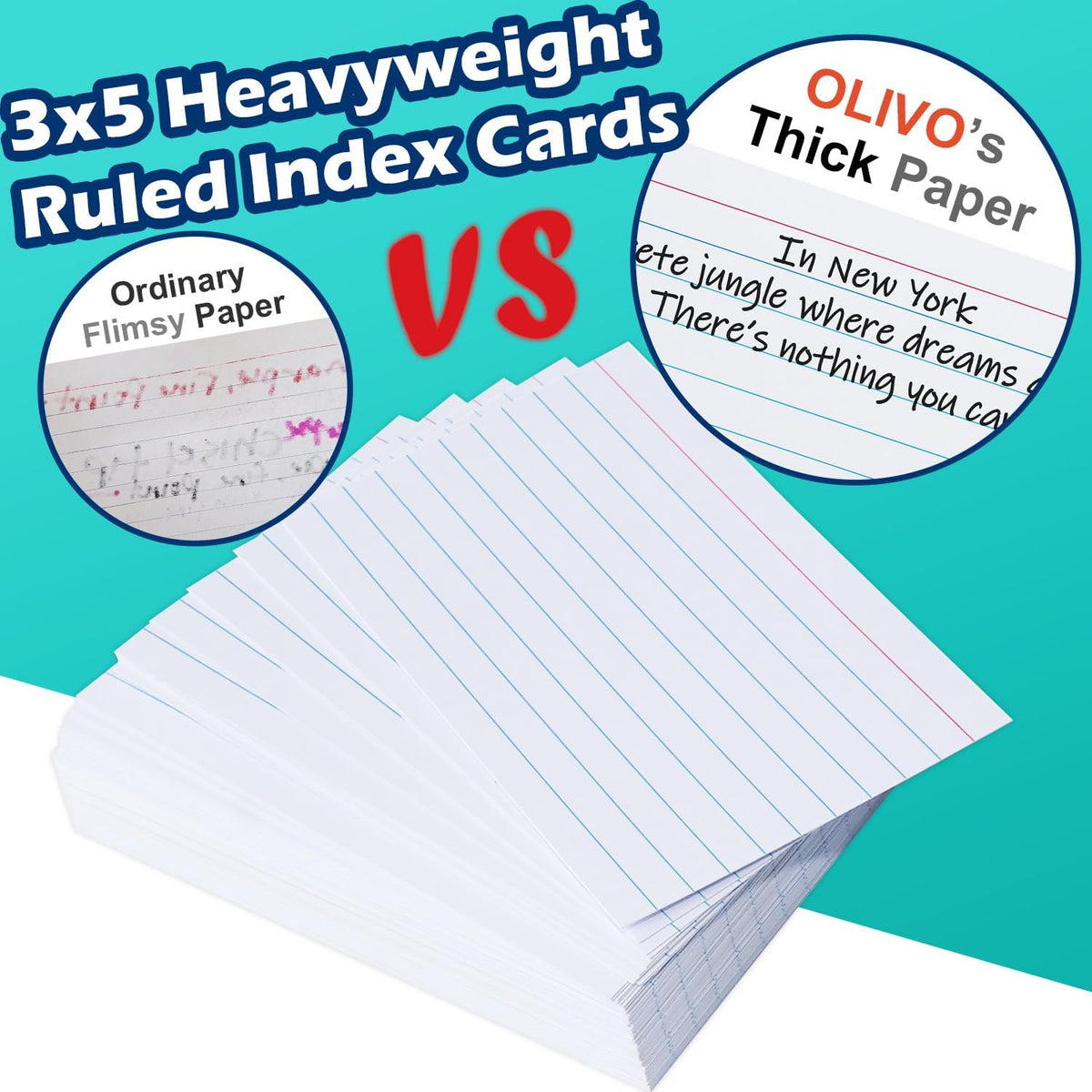 Index Cards 3x5 Lined Ruled Flash Note Cards 3" x 5", White, 200 Count, 200 GSM Heavy Weight