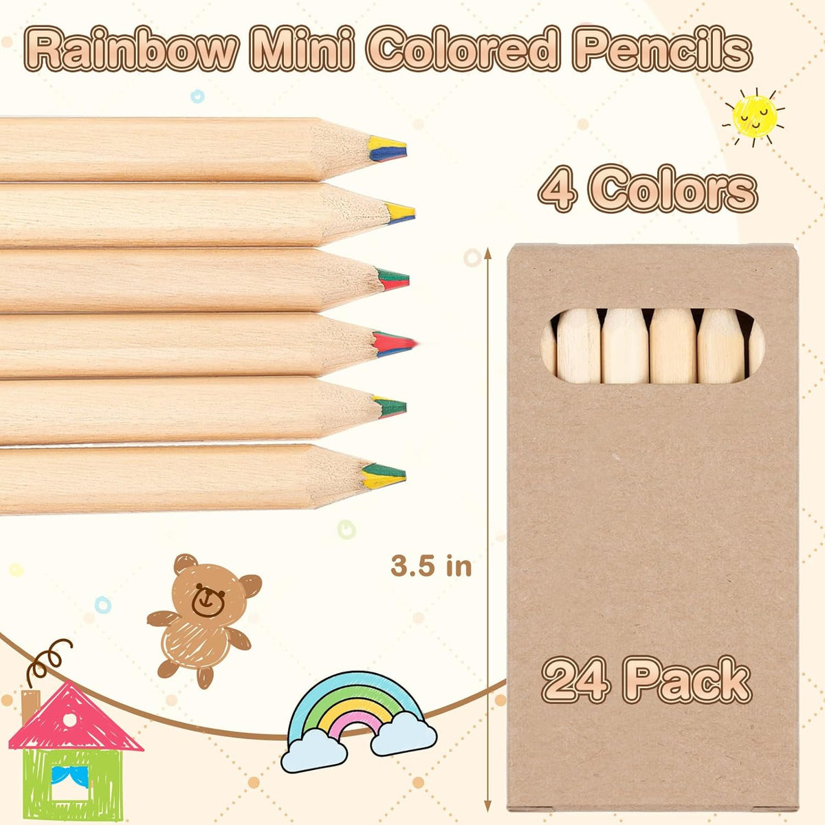 Ctosree 24 Packs 4 in 1 Rainbow Pencils 3.5 Inch Mini Colored Pencils Bulk in Kraft Boxes Gift for Kids Classroom School Drawing Birthday Christmas Party Favor, 6 Per Pack