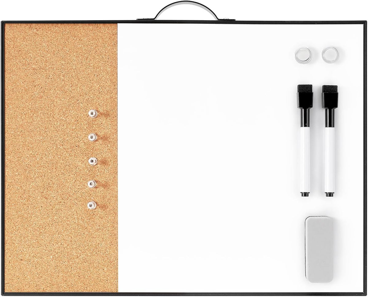 Small Cork Board Whiteboard Combo - 12" X 16" Portable Aluminum Black Framed Magnetic Dry Erase Board for Wall, Mini Bulletin CorkBoard with a Handle for Office, Home and School