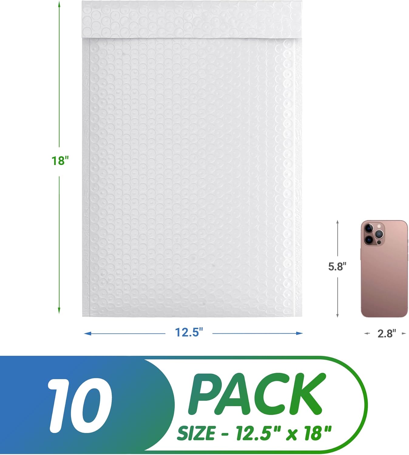 White Poly Bubble Mailers Self Seal, 12.5 x 18 Inch. Pack of 10 Bubble Packaging Envelopes for Shipping. Durable Padded Envelopes Waterproof. Self Seal Padded Mailers. Shipping Packages