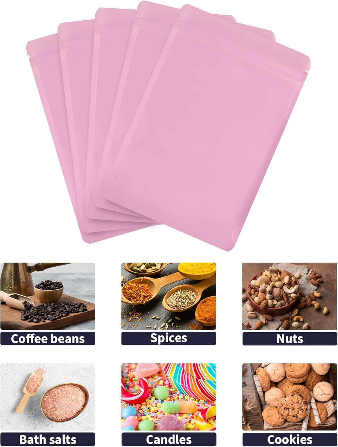 100 Pack Resealable Stand Up Bags,6.3" x 9.4" Smell Proof Pouch Sealable Foil Pouch Bags for Packaging (Pink)