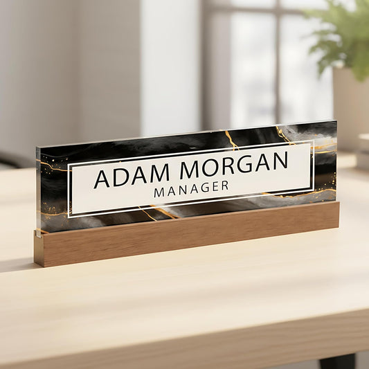 ARTBLOX | Office Personalized Name Plate Black Gold Marble Design On Clear Acrylic Glass for Desk with Business Card Holder