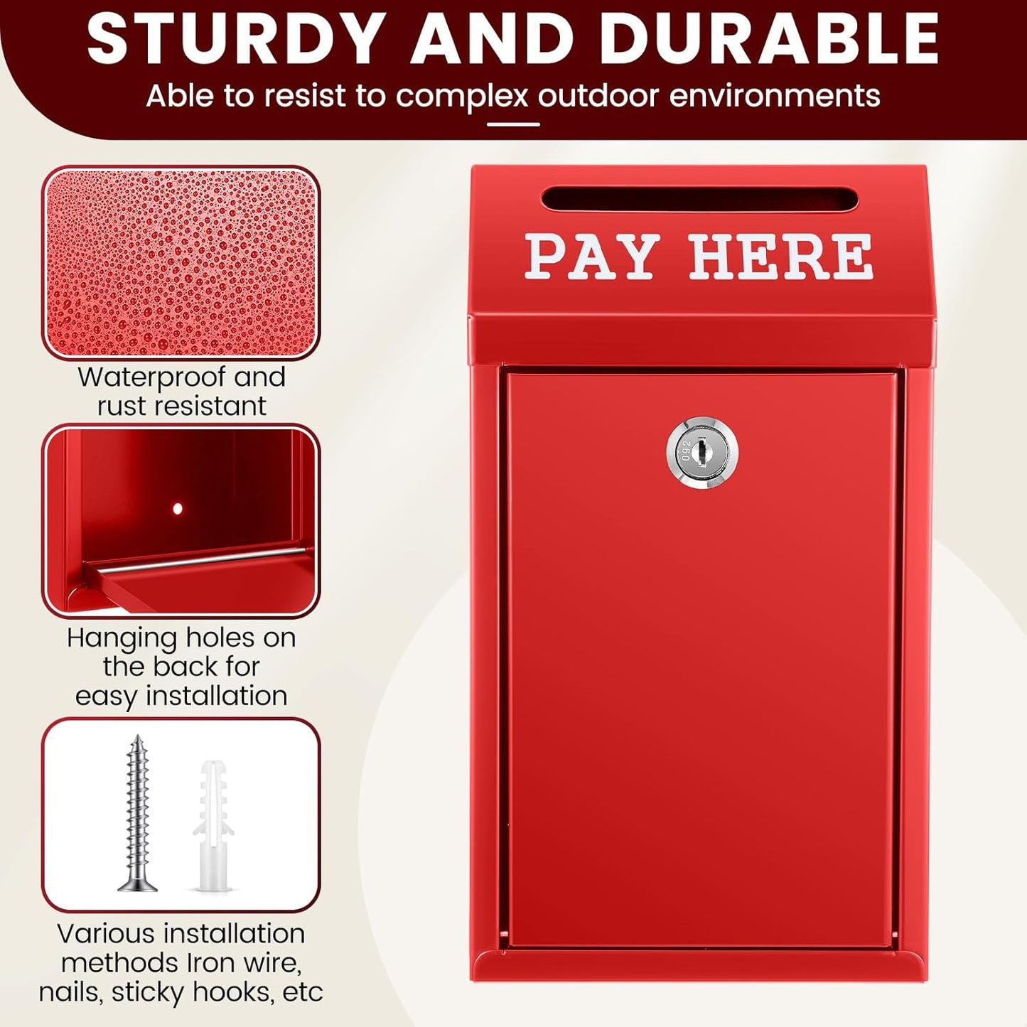 Safe Cash Box Money Collection Metal Donation Box with Lock Wall Mount Pre Drilled Mailbox Delivery Ballot for Home Office Outdoor Self Serve Stand(Red,10.2 x 5.7 x 2.8 Inch)