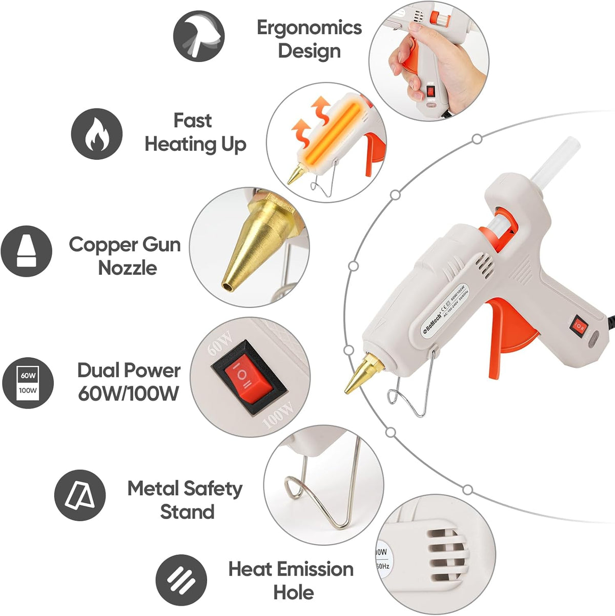 ROMECH Full Size Hot Glue Gun with 60/100W Dual Power and 21 Hot Glue Sticks (7/16"), Fast Preheating Heavy Duty Industrial Gluegun with Storage Case for Crafting, DIY and Repairs (White)
