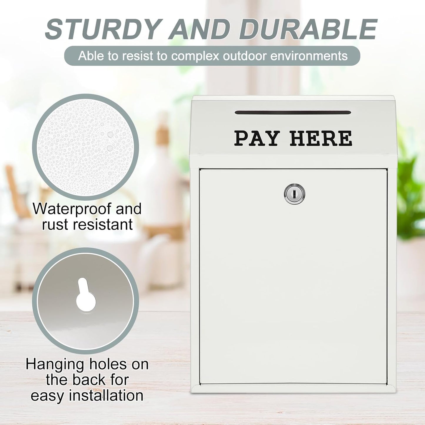 Safe Cash Box Money Collection Metal Donation Box with Lock Wall Mount Pre Drilled Mailbox Delivery Ballot for Home Office Outdoor Self Serve Stand(White,11.8 x 8.6 x 4.7 Inch)