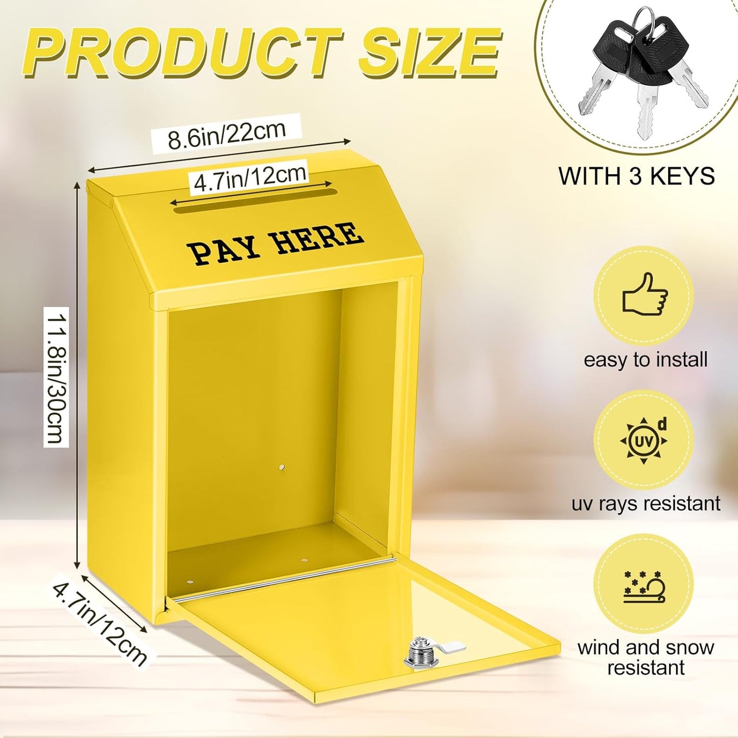 Safe Cash Box Money Collection Metal Donation Box with Lock Wall Mount Pre Drilled Mailbox Delivery Ballot for Home Office Outdoor Self Serve Stand(Yellow,11.8 x 8.6 x 4.7 Inch)