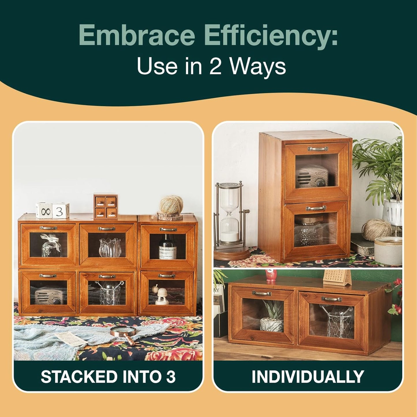 Set of 3 Desktop Organizer with Drawers - 2-Drawer Wood Organizer for Desk - Vintage Countertop Drawers with Glass Doors - Wooden Organizer Box for Index Card Catalog, Collectibles, Herb Storage