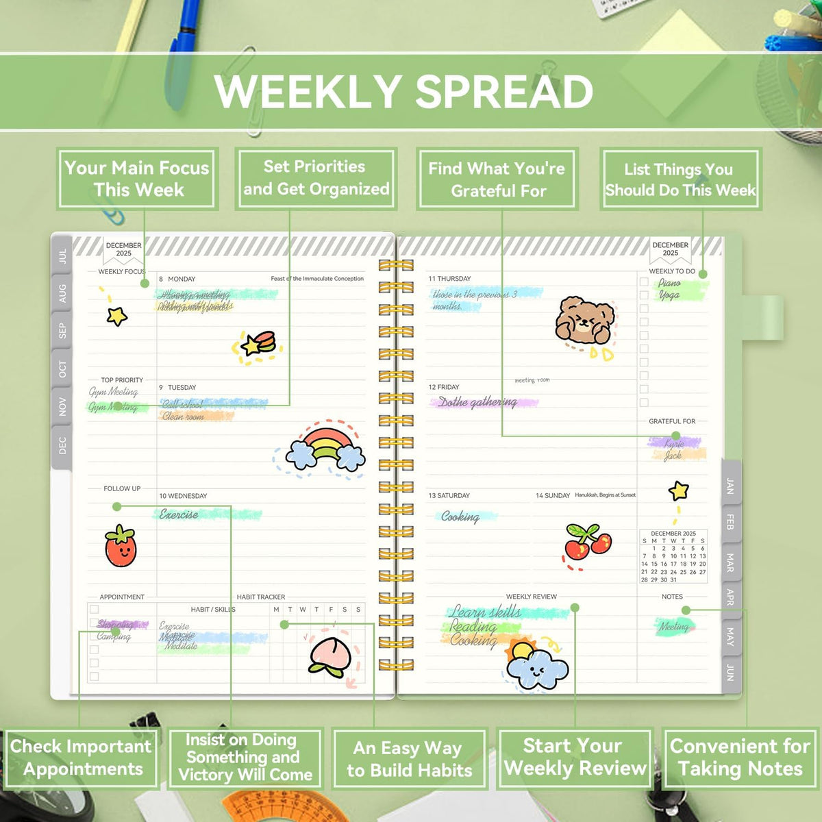 Planner 2025-2026, Academic Planners for Teacher & Student, AIMPEAK Weekly & Monthly Calendar Planner for Women, Daily Planners run from Jul.2025 - Jun.2026, Monthly Tabs, Green, 7"x10"