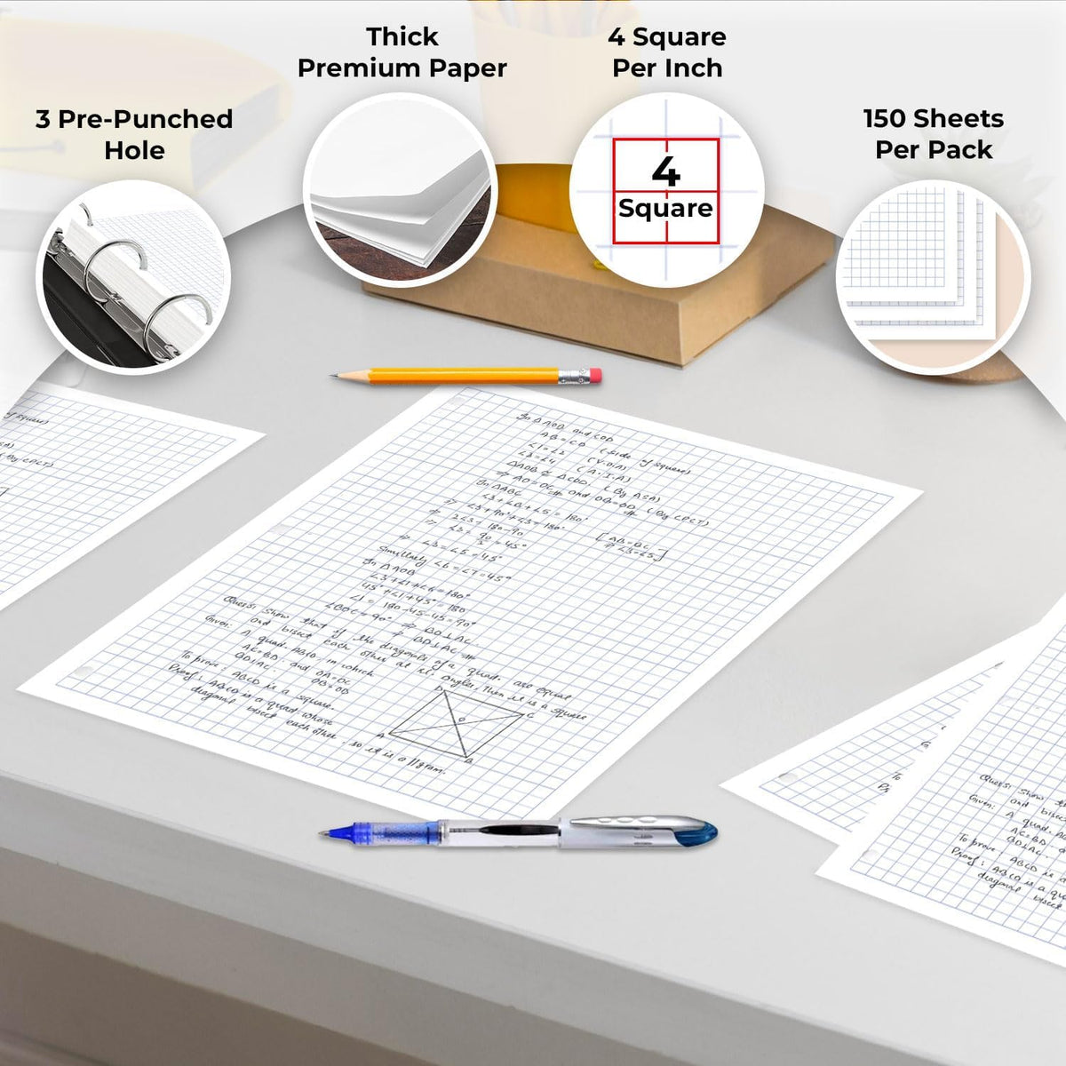 45 Pack, 6750 Sheets Graph Paper Bulk, 4x4, 8" x 10.5", Bulk Loose Leaf Paper, Bulk Grid Paper, Thick Graphing Paper, Fights Ink Bleed, 3 Hole Punched, Quad Ruled Sheets, Bulk School Supplies