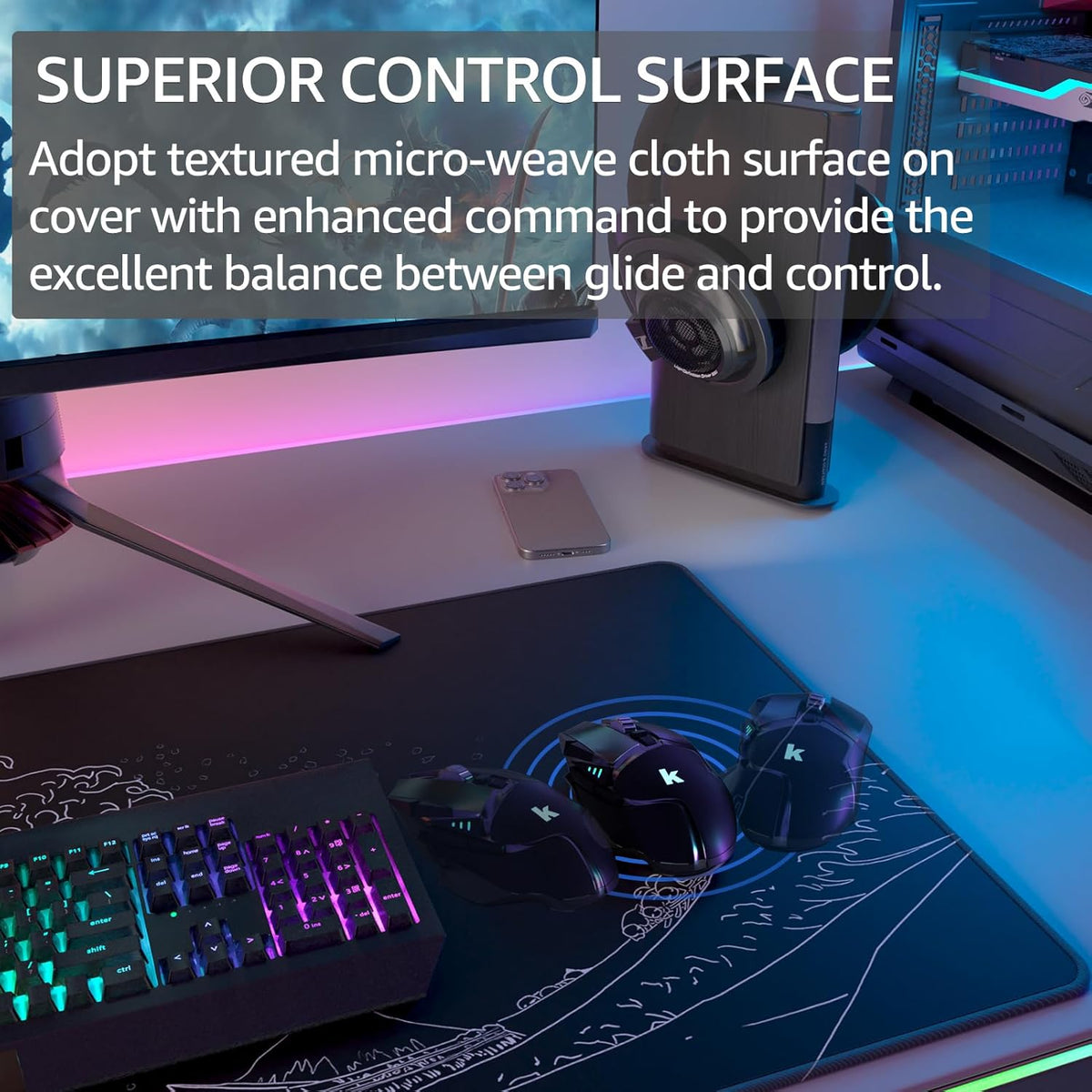 KTRIO Large Gaming Mouse Pad with Stitched Edges, Extended Mousepad with Superior Micro-Weave Cloth, Non-Slip Base, Water Resist Keyboard Pad for Gamer, Office & Home, 31.5x15.7in, Kanagawa Wave