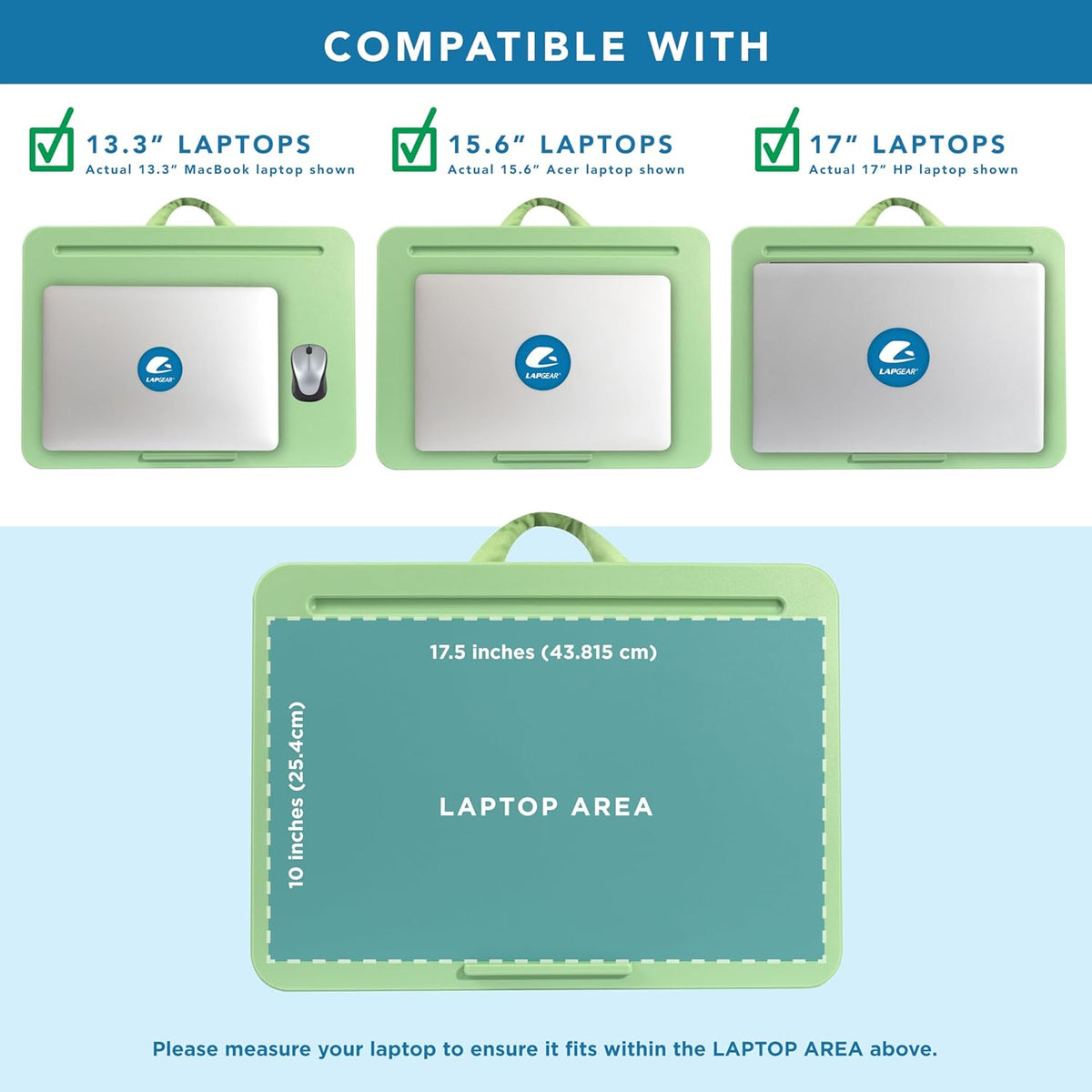 LAPGEAR Original Lap Desk – Large (17.9” x 13”) | Fits Up to 17.3” Laptops | Cushioned with Device Ledge, Pencil Tray & Handle | Portable & Lightweight | 12-Pack | Sage Green – Style No. 45001