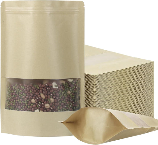 100 Pack Resealable Stand-up Bags With Clear Window for Sealing Storage, Scratch Resistant Hand Storage (Kraft Paper, 710 Inch)
