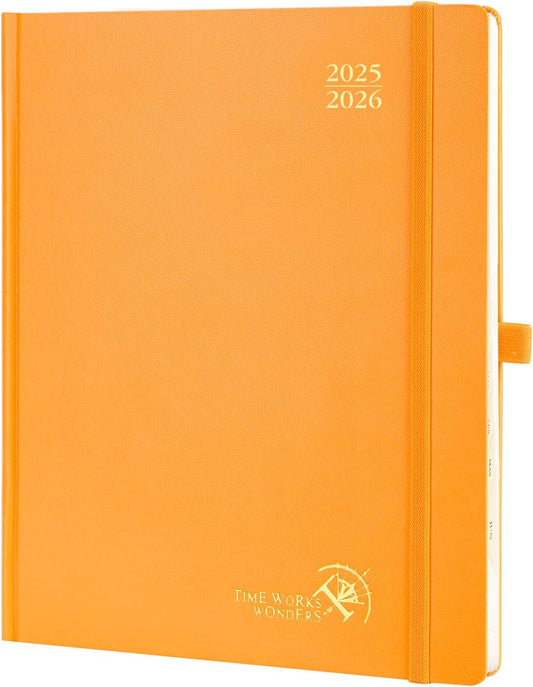 POPRUN Planner 2025-2026, (Large 8.5'' x 10.5'' Hard Cover) Academic Calendar (July 25-June 26) Daily Weekly and Monthly Appointment Book with Hourly Time Slots, Monthly Tabs, 100 GSM - Orange